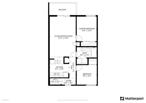 Floor plan for 2 beds, 1 bath, 763 sqft
